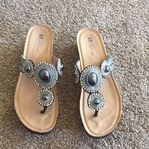 Wedges sandals w black and silver stones/ beads